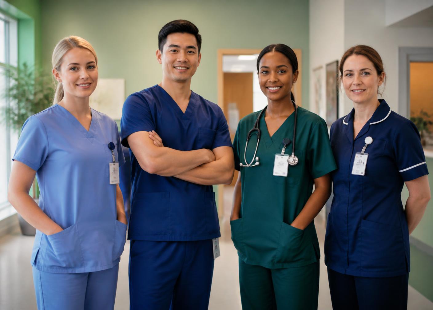 A diverse team of four healthcare professionals in uniform standing together in a bright care facility corridor