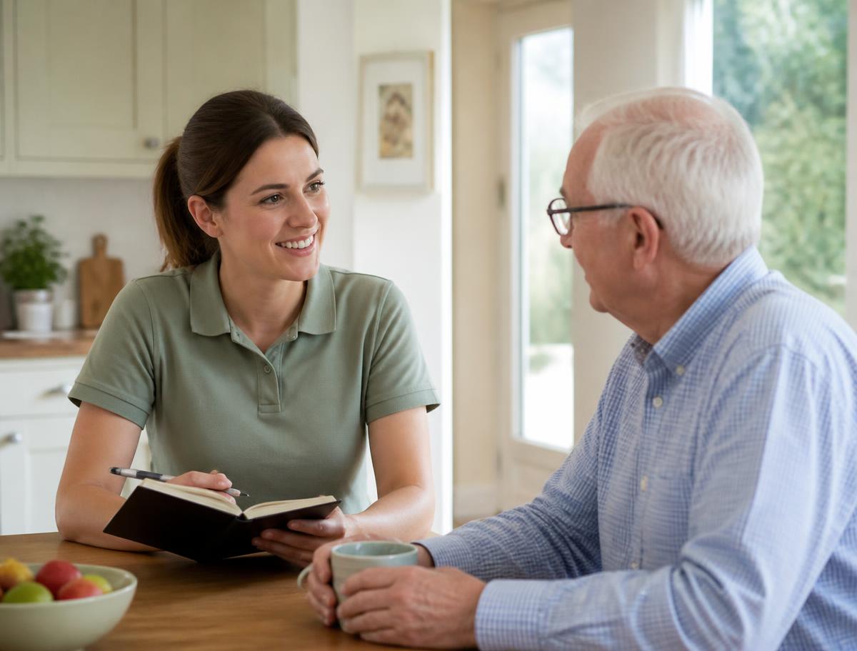 A care professional talking warmly with an older man at his kitchen table while making notes